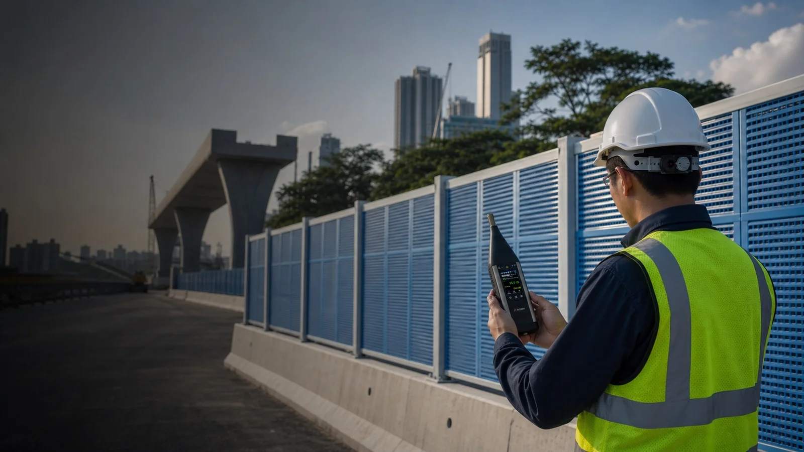 Acoustic engineer using an ACOEM FUSION sound level meter beside blue louvred highway noise barriers in Malaysia