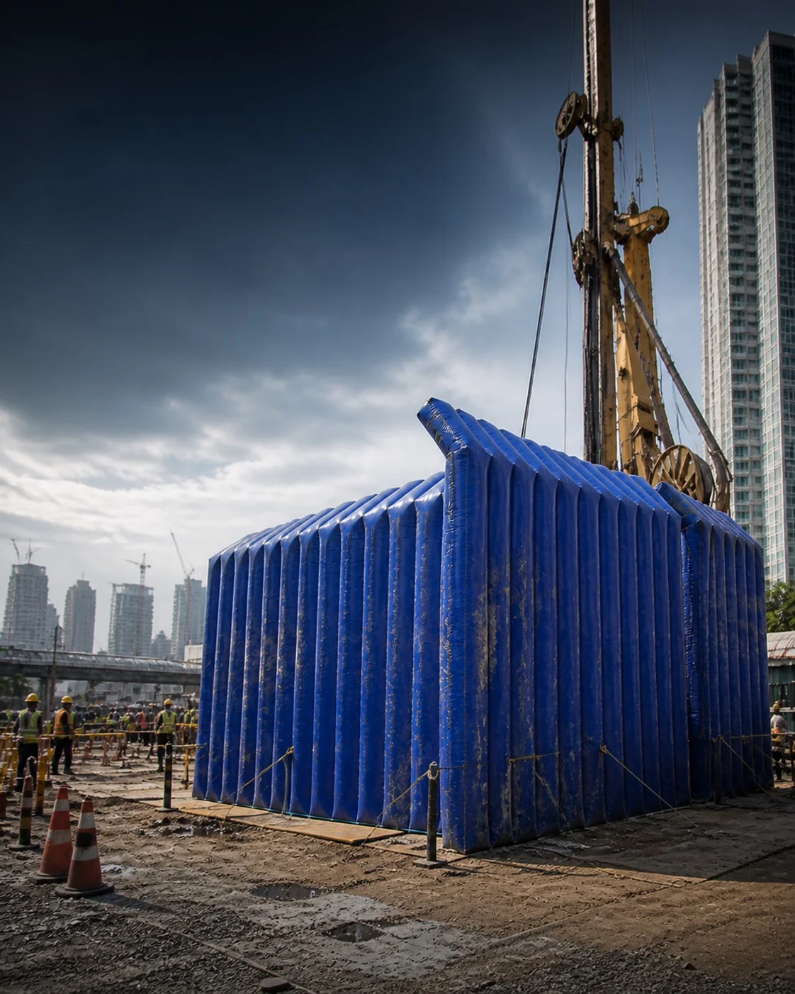 Blue temporary acoustic enclosure around construction equipment