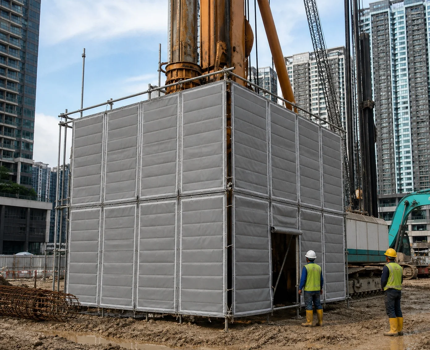 Framed flexible acoustic curtains surrounding construction machinery