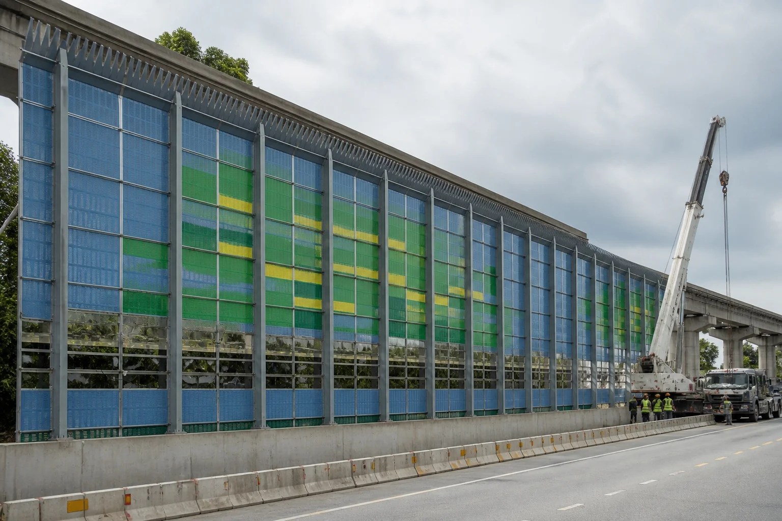 Modular acoustic barrier panels installed beside an elevated highway